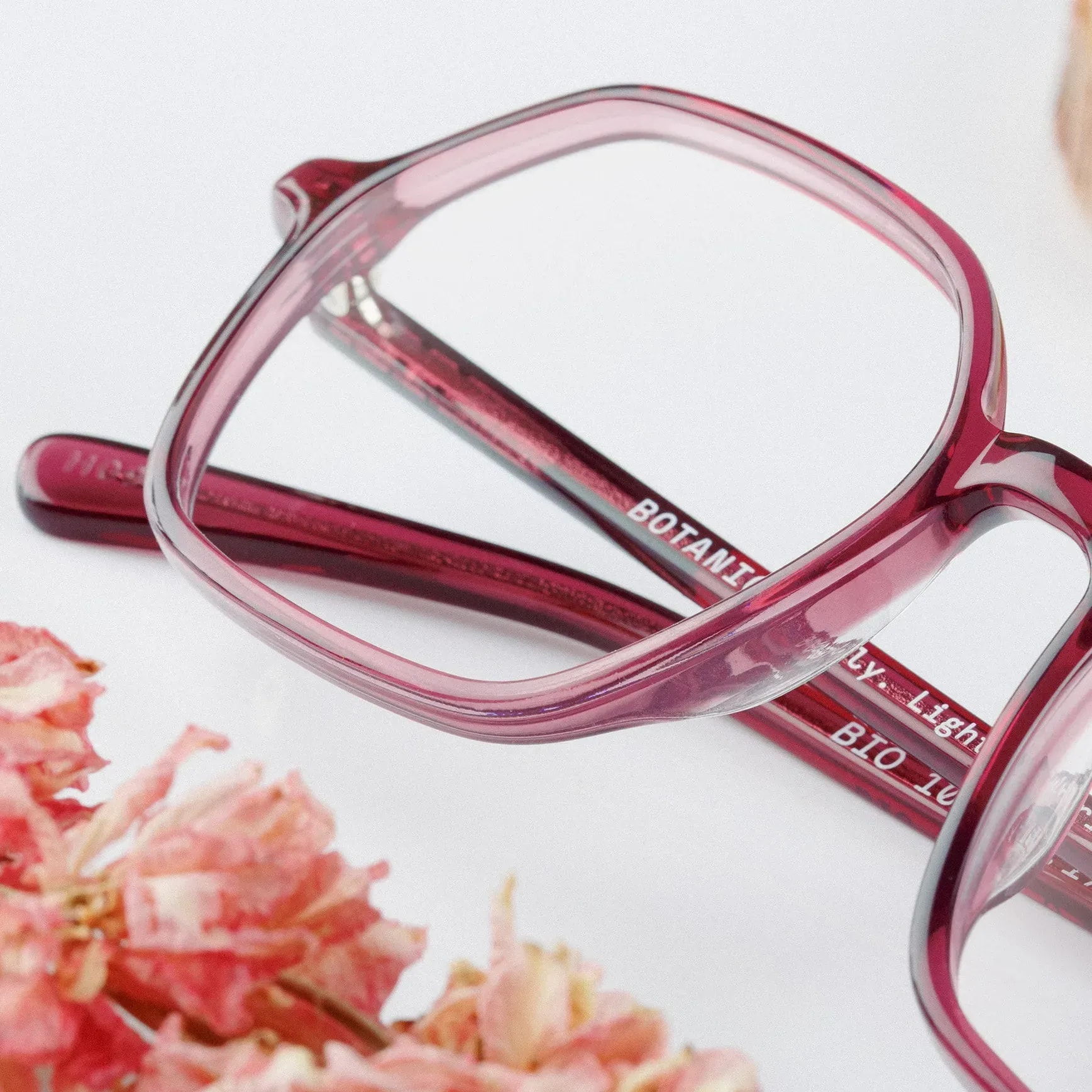 Pink translucent reading glasses displayed with fresh pink flowers on white background.