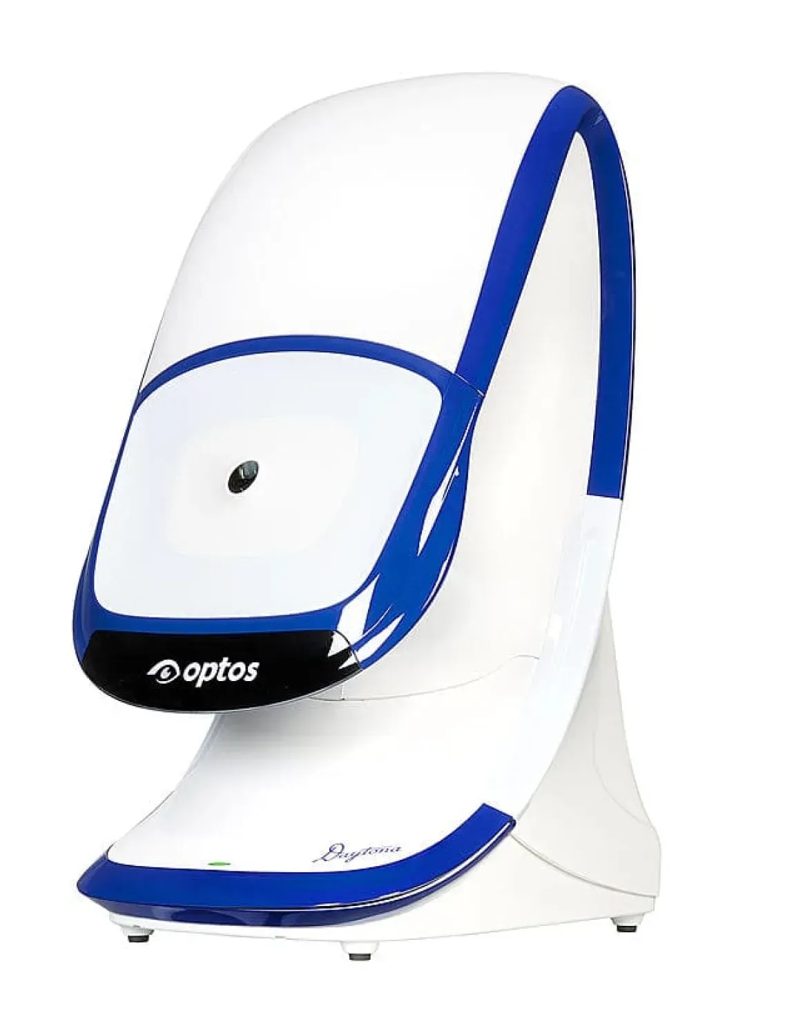 Blue and white aesthetic eye care device with branded Optos logo on front panel